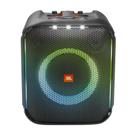 JBL PartyBox Encore - Black - Portable party speaker with 100W powerful sound, built-in dynamic light show, included digital wireless mics, and splash proof design. - Front image number null